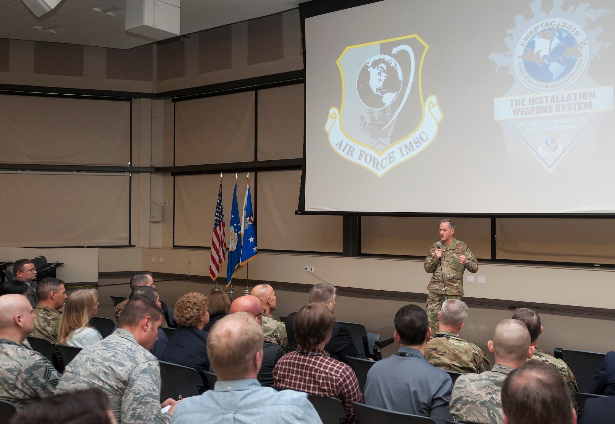 Air Force Chief of Staff Gen. David L. Goldfein fields a question from an attendee April 8 following briefings at the Installation and Mission Support Weapons and Tactics Conference at Joint Base San Antonio-Lackland, Texas.