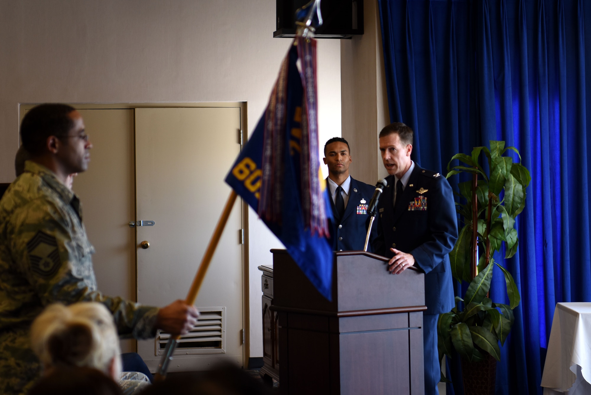 U.S. Air Force Lt. Gen. Kenneth Wilsbach, Seventh Air Force commander, speaks at an assumption of command ceremony for the 607th Air Operations Center at Osan Air Base, Republic of Korea, April 5, 2019. Wilsbach spoke about Col. Christopher Russell, the incoming commander, who has commanded operations centers at Joint Base Pearl Harbor-Hickam, Hawaii and Joint Base San Antonio-Lackland, Texas. (U.S. Air Force photo by Staff Sgt. Kelsey Tucker)