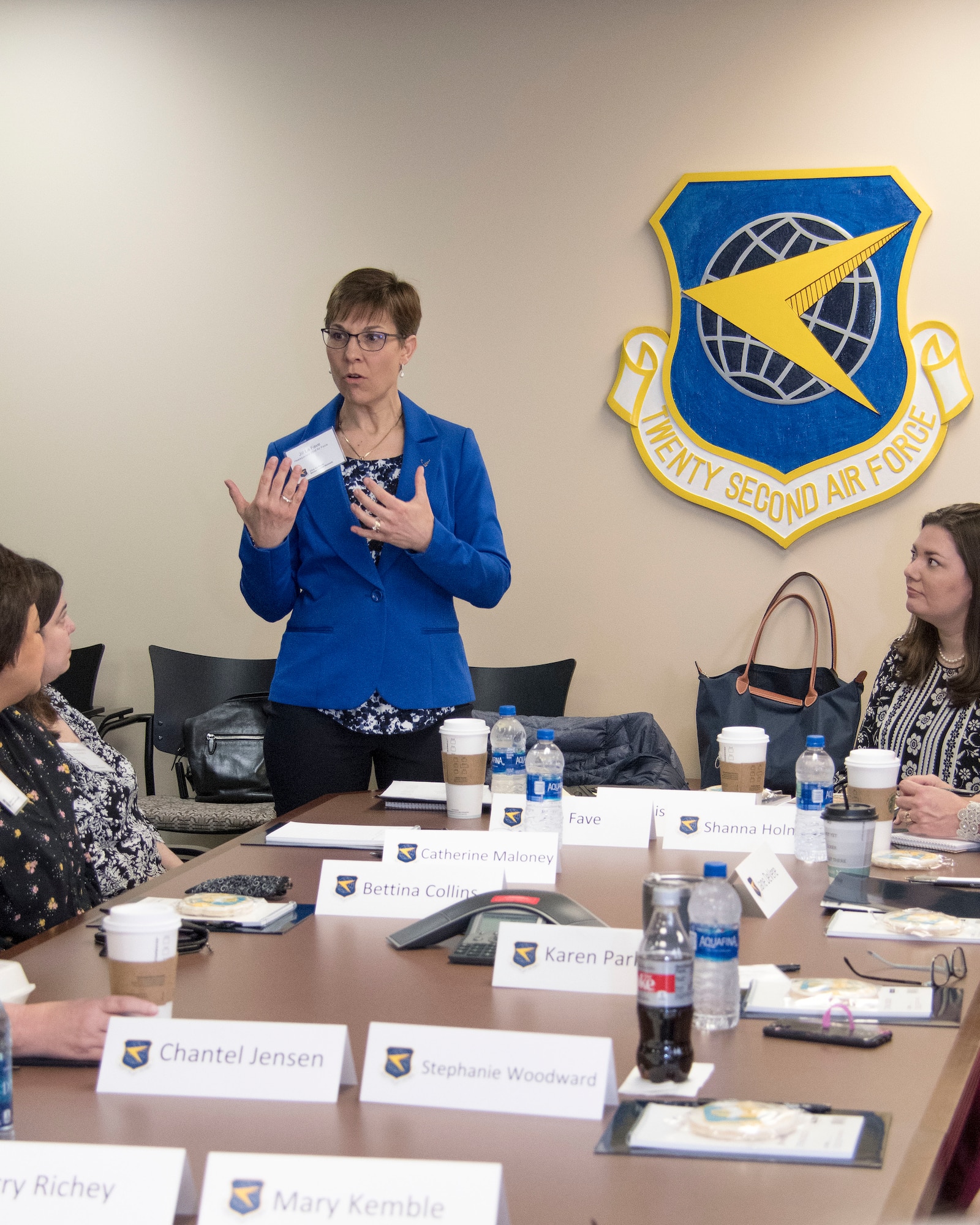 Jill La Fave, 22nd Air Force senior spouse, talks to fellow key spouses from across 22nd Air Force at Dobbins Air Reserve Base, Georgia, April 3, 2019.