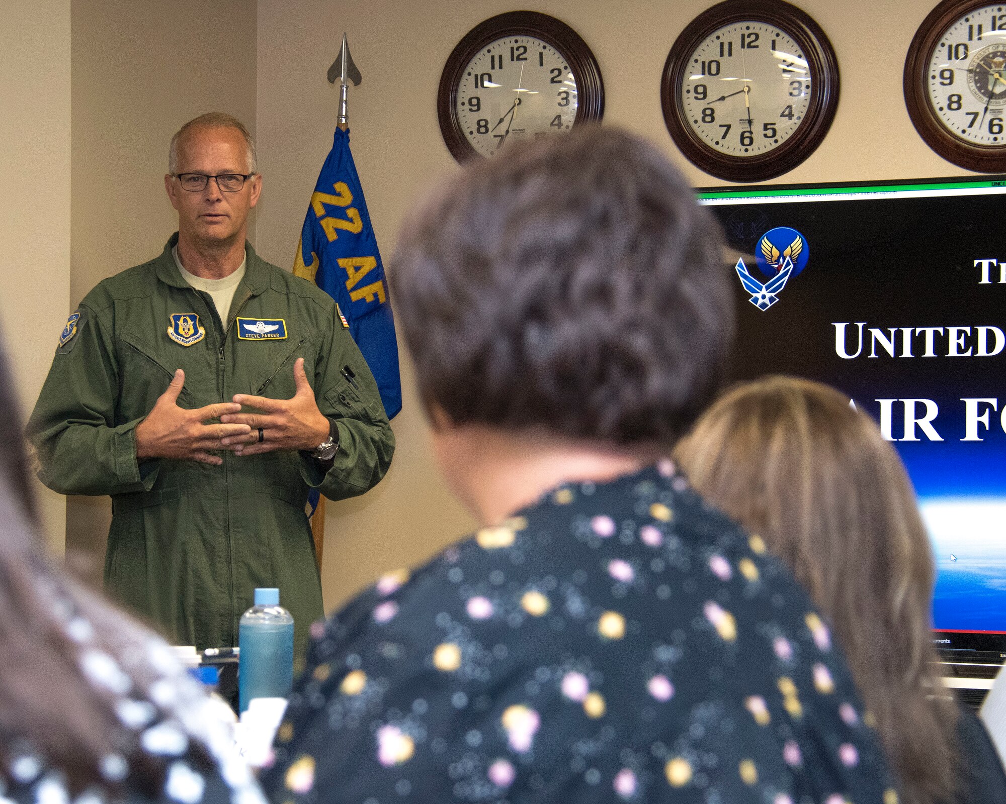 Brig. Gen. Steven Parker, 22nd Air Force vice commander, gives a briefing on the structure of the Air Force Reserve to key spouses from across 22nd Air Force at Dobbins Air Reserve Base, Georgia, April 3, 2019.