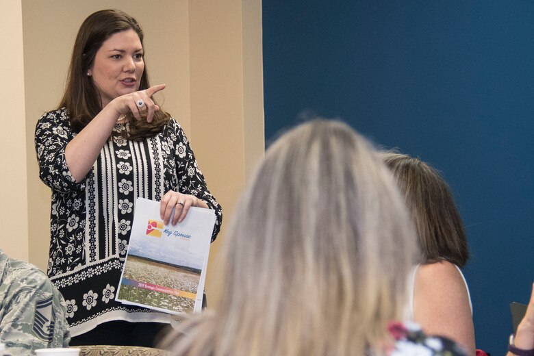 Air Force Reserve Command Senior Spouse Janis Scobee briefs key spouses from across 22nd Air Force at Dobbins Air Reserve Base, Georgia, April 3, 2019.