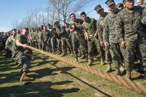 U.S. Marines with 8th Engineer Support Battalion, 2nd Marine Logistics Group, compete in the tug of war portion of the Marine Corps Engineer School Saint Patrick’s Day Field Meet on Camp Lejeune, North Carolina, March 14, 2019. Marines competed in the field meet to strengthen community and camaraderie in the spirit of friendly competition.