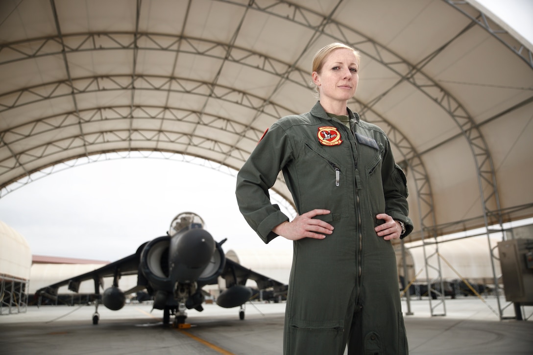 U.S. Marine Corps Capt. Kelsey Casey stands in front of an AV-8B Harrier at Marine Corps Air Station Yuma, Arizona, March 27, 2019. Casey, 30, is from San Francisco and is a 2011 graduate of San Francisco State University. She is the only female AV-8B Harrier pilot in the Marine Corps.