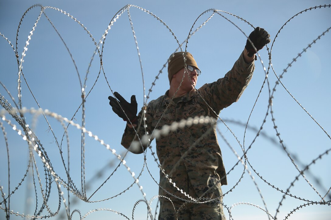 A U.S. Marine with Special Purpose Marine Air-Ground Task Force-Crisis Response-Africa 19.1, Marine Forces Europe and Africa, builds an obstacle for a breaching range during Platinum Eagle 19.1, a multilateral training exercise held at Babadag Training Area, Romania, March 16, 2019. SPMAGTF-CR-AF is deployed to conduct crisis-response and theater-security operations in Africa and promote regional stability by conducting military-to-military training exercises throughout Europe and Africa. (U.S. Marine Corps photo by Sgt. Bethanie Ryan)