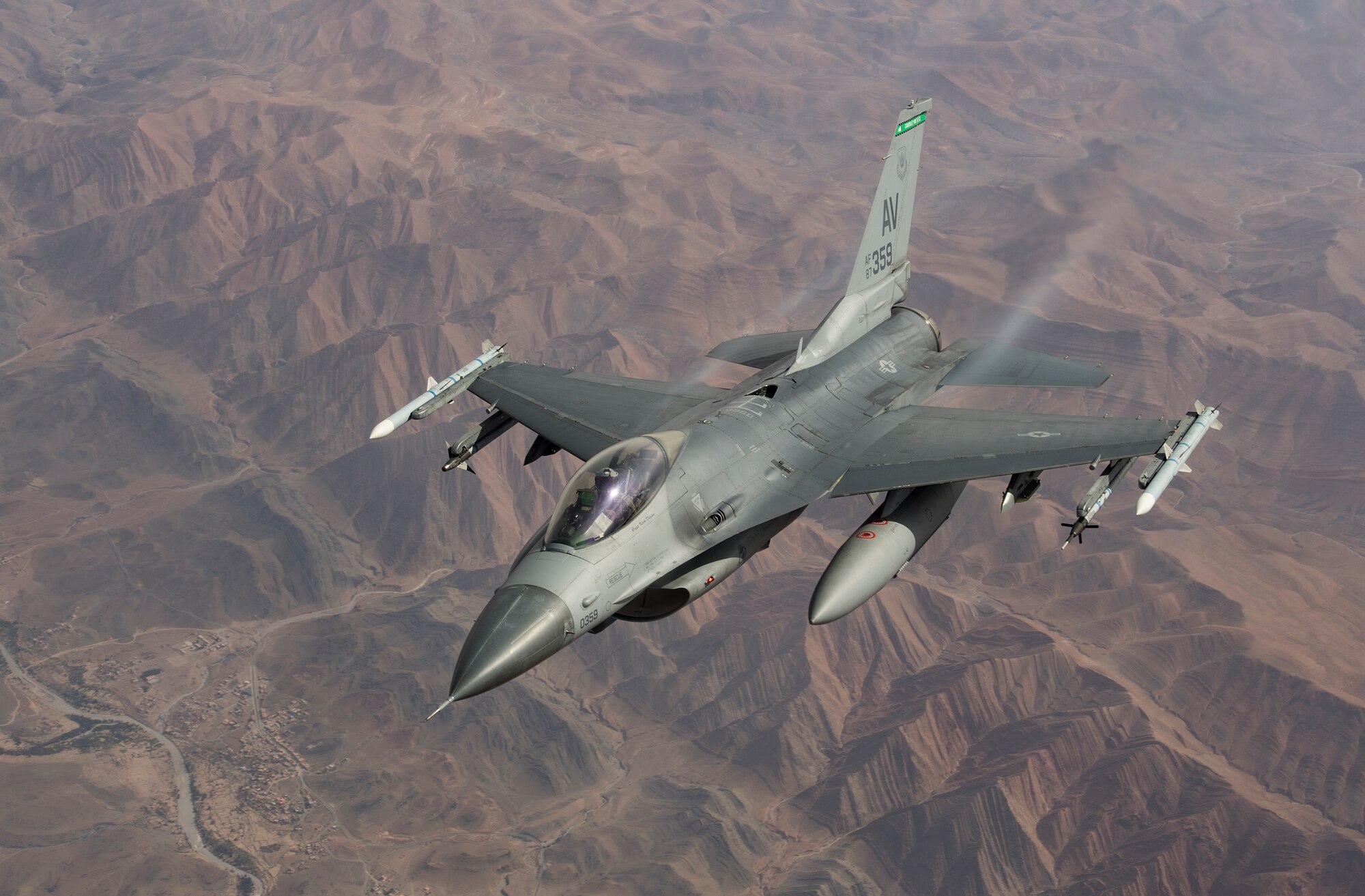 A U.S. Air Force F-16C Fighting Falcon from the 555th Expeditionary Fighter Squadron flies over the skies of Morocco after receiving fuel from a KC-135 Stratotanker from the 100th Air Refueling Wing, RAF Mildenhall, England, during exercise African Lion 2019, April 2, 2019. African Lion 2019 is an annual, combined multilateral exercises designed to improve interoperability and mutual understanding of each nation’s tactics, techniques and procedures while demonstrating a strong partnership between nation’s militaries. (U.S. Air Force photo by Staff Sgt. Ceaira Tinsley)
