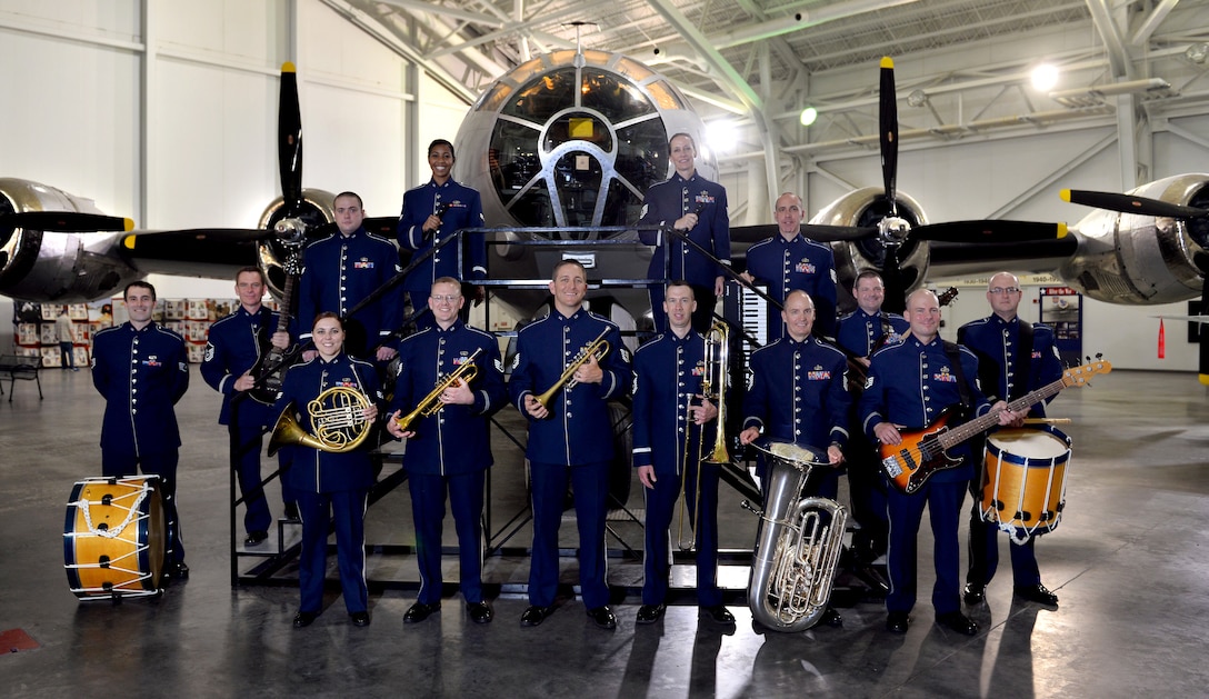 The USAF Heartland of America Band, pictured in front of a B-29 Superfortress at the Strategic Air Command and Aerospace Museum, in Ashland , Nebraska.