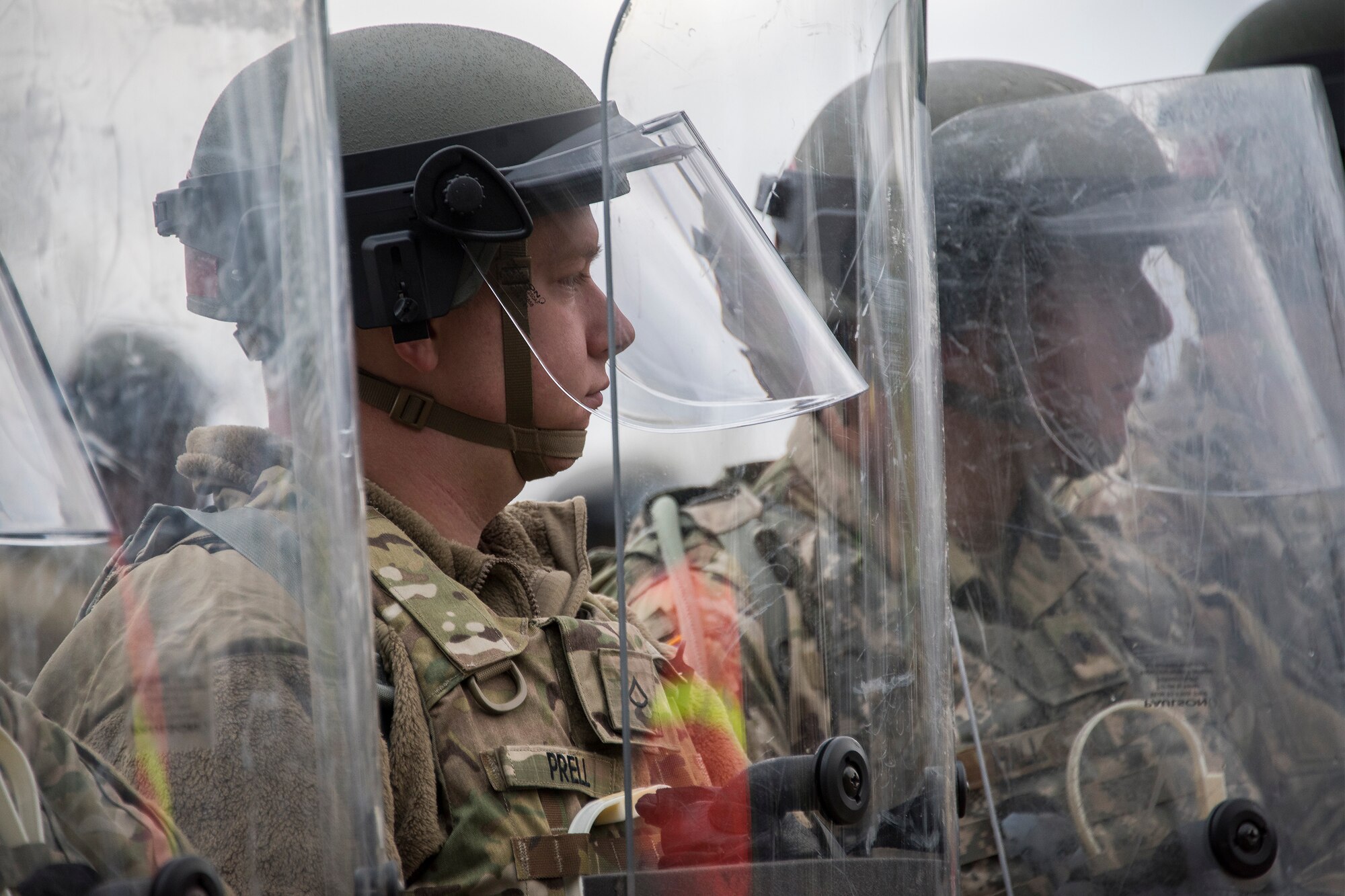 Soldiers with the 216th Military Police Company establish a perimeter during Operation Phalanx, held March 30-31, 2019, at Little Rock AFB, Arkansas. The operation is a joint exercise hosted by the Arkansas National Guard for civil and military organizations to train their members in tactics and techniques used in responding to a civil disturbance. (U.S. Air National Guard photo by Tech. Sgt. John E. Hillier)