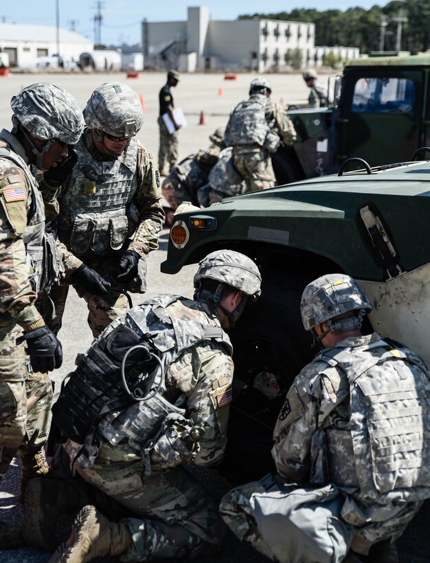 U.S. Army Soldiers assigned to the 7th Transportation Brigade (Expeditionary) compete to change the tire with the quickest time on a humvee at Joint Expeditionary Base Little Creek-Fort Story, Virginia, March 29, 2019. Once the soldiers changed the wheel, they had to drive the vehicle 100 yards to a finish line to prove the wheel was installed correctly. (U.S. Army photo by Spc. Travis Teate)
