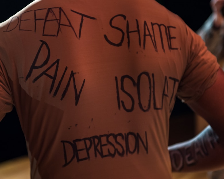 The Sexual Assault Theater Group displays negative emotions written on a simulated sexual assault victim while rehearsing the play ‘Everybody Knows’ at Joint Base Langley-Eustis, Virginia, April 9, 2019.