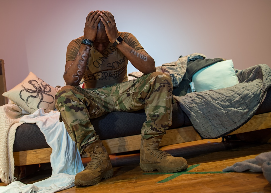 U.S. Air Force Staff Sgt. Patrick Sims, 733rd Logistics Readiness Squadron vehicle mechanic, portrays a sexual assault victim while rehearsing the play ‘Everybody Knows’ at Joint Base Langley-Eustis, Virginia, April 9, 2019.