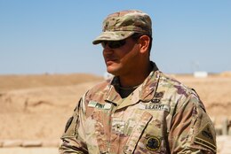 Warrant Officer Joseph Pina, 504th Quartermaster Company, 524th Support Battalion, 300th Sustainment Brigade, observes fuel operations at Camp Buehring, Kuwait, March 19, 2019.