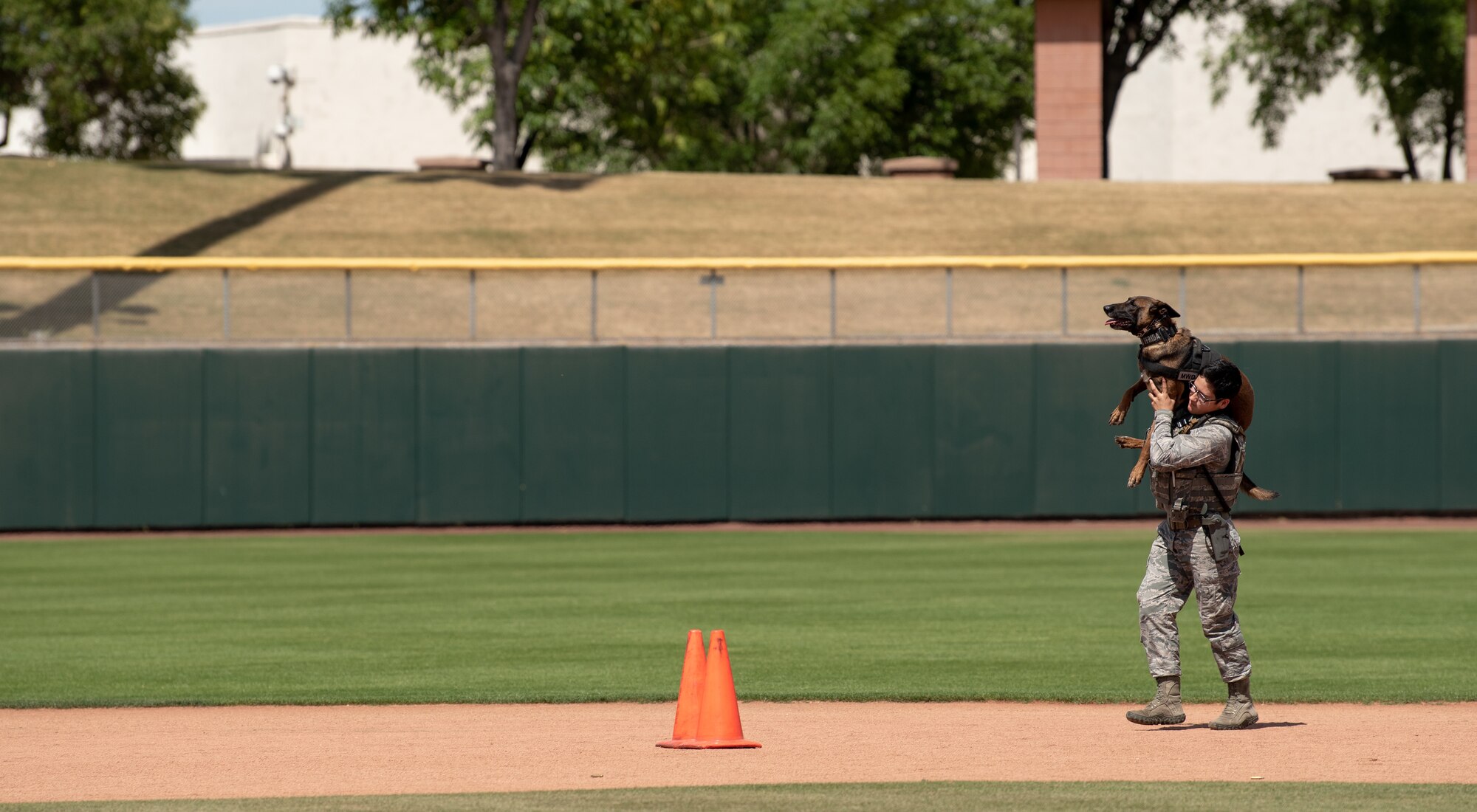 Staff Sgt. Elizabeth Pedroza, 56th Security Forces Squadron military working dog handler, carries Frida, her MWD, April 6, 2019, at Scottsdale Stadium, Scottsdale, Ariz.
