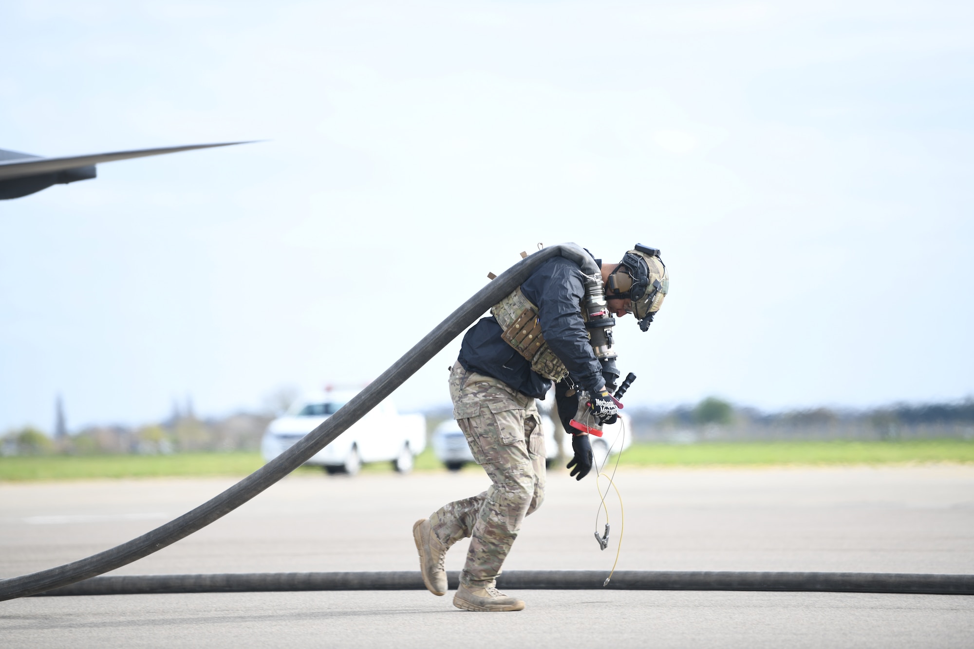 Airmen assigned to the 352nd Special Operations Wing perform Forward Arming and Refueling Point operations with an F-15E Strike Eagle assigned to 48th Fighter Wing April 10, 2019 at Royal Air Force Mildenhall, England. The FARP program is a United States Special Operations Command capability that allows the execution of refueling operations in situations where the use of conventional fueling stations or air-to-air refueling is unavailable. (U.S. Air Force photo/ Airman 1st Class Shanice Williams-Jones)