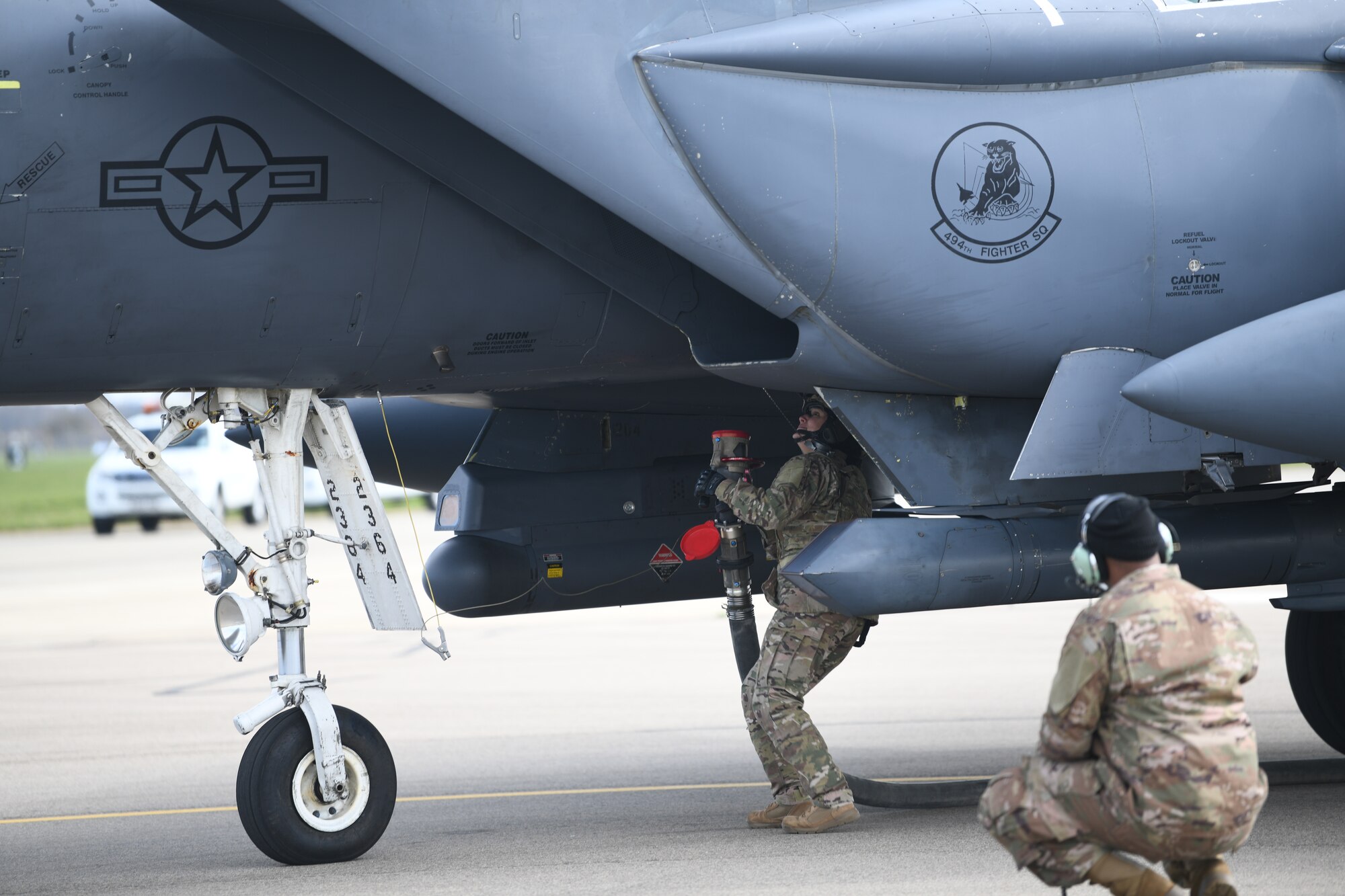 Airmen assigned to the 352nd Special Operations Wing perform Forward Arming and Refueling Point operations with an F-15E Strike Eagle assigned to 48th Fighter Wing April 10, 2019 at Royal Air Force Mildenhall, England. The FARP program is a United States Special Operations Command capability that allows the execution of refueling operations in situations where the use of conventional fueling stations or air-to-air refueling is unavailable. (U.S. Air Force photo/ Airman 1st Class Shanice Williams-Jones)