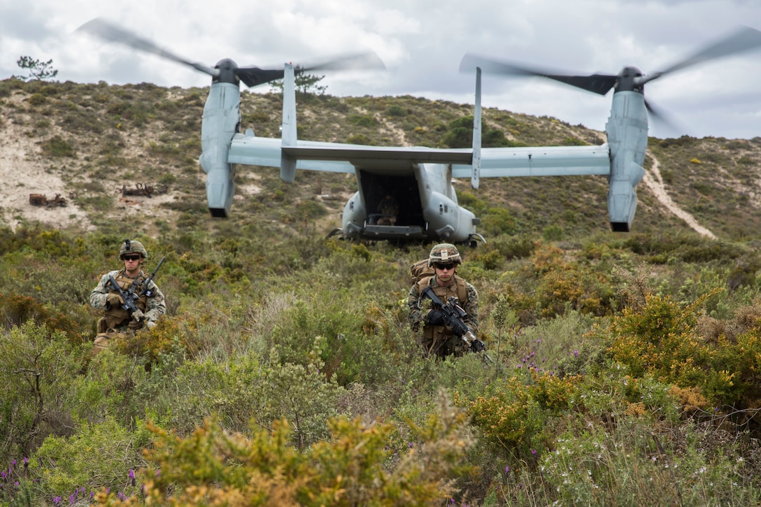 U.S. Marines with Special Purpose Marine Air-Ground Task Force-Crisis Response-Africa 19.2, Marine Forces Europe and Africa, post security during a Tactical Recovery of Aircraft and Personnel exercise in Troia, Portugal, April 5, 2019. SPMAGTF-CR-AF is deployed to conduct crisis-response and theater-security operations in Africa and promote regional stability by conducting military-to-military training exercises throughout Europe and Africa. (U.S. Marine Corps photo by Cpl. Margaret Gale)