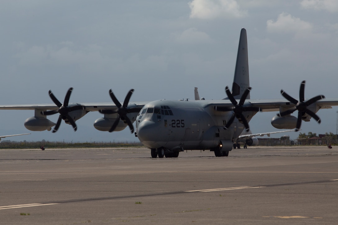 A U.S. Marine Corps KC-130J Super Hercules taxis at Naval Air Station Sigonella, Italy, April 6, 2019. The aircraft transported Marines and equipment with the aviation combat element for Special Purpose Marine Air-Ground Task Force-Crisis Response-Africa 19.2, Marine Forces Europe and Africa. SPMAGTF-CR-AF provides an autonomous, self-deploying, and highly mobile crisis response force to U.S. AFRICOM. The aircraft is with Marine Aerial Refueler Transport Squadron 252. (U.S. Marine Corps photo by Staff Sgt. Mark E Morrow Jr)