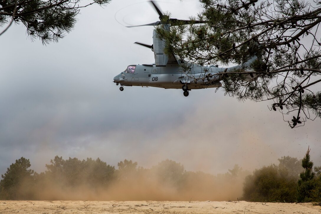 An MV-22B Osprey with Special Purpose Marine Air-Ground Task Force-Crisis Response-Africa 19.2, Marine Forces Europe and Africa, lands during a Tactical Recovery of Aircraft and Personnel exercise in Troia, Portugal, April 5, 2019. SPMAGTF-CR-AF is deployed to conduct crisis-response and theater-security operations in Africa and promote regional stability by conducting military-to-military training exercises throughout Europe and Africa. (U.S. Marine Corps photo by Cpl. Margaret Gale)