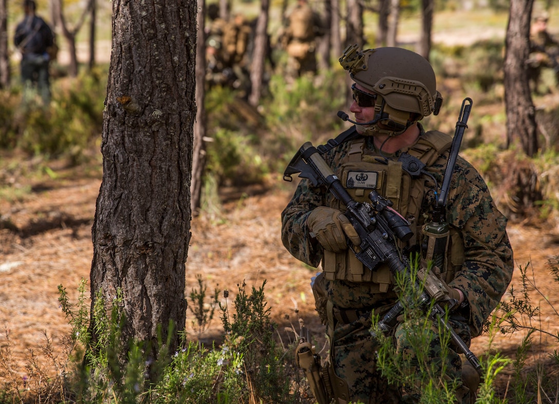 A U.S. Marine with Special Purpose Marine Air-Ground Task Force-Crisis Response-Africa 19.2, Marine Forces Europe and Africa, posts security during a Tactical Recovery of Aircraft and Personnel training exercise in Troia, Portugal, April 5, 2019. SPMAGTF-CR-AF is deployed to conduct crisis-response and theater-security operations in Africa and promote regional stability by conducting military-to-military training exercises throughout Europe and Africa. (U.S. Marine Corps photo by Cpl. Margaret Gale)