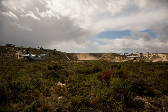 U.S. Marines with Special Purpose Marine Air-Ground Task Force-Crisis Response-Africa 19.2, Marine Forces Europe and Africa, post security during a Tactical Recovery of Aircraft and Personnel exercise in Troia, Portugal, April 5, 2019. SPMAGTF-CR-AF is deployed to conduct crisis-response and theater-security operations in Africa and promote regional stability by conducting military-to-military training exercises throughout Europe and Africa. (U.S. Marine Corps photo by Cpl. Margaret Gale)