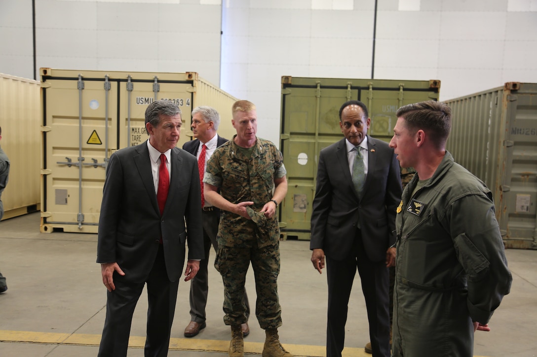 Roy Cooper, North Carolina governor speaks with Marines about the working conditions in buildings damaged by Hurricane Florence at Marine Corps Air Station New River, N.C., April 9, 2019. This is Cooper’s initial command visit to Marine Corps Base Camp Lejeune and MCAS New River as Governor of North Carolina. During his tour Cooper met with senior leaders of both installations and saw first-hand the damage left by Hurricane Florence. (U.S. Marine Corps photos by Cpl. Jonathan Sosner)