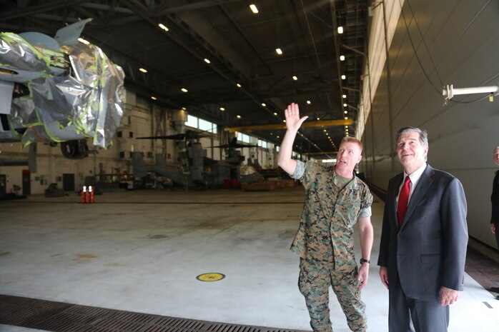 Roy Cooper, North Carolina governor speaks with Col. Russell C. Burton, commanding officer of Marine Corps Air Station New River during a tour of the installation and buildings damaged by Hurricane Florence at MCAS New River, N.C., April 9, 2019. This is Cooper’s initial command visit to Marine Corps Base Camp Lejeune and MCAS New River as Governor of North Carolina. During his tour Cooper met with senior leaders of both installations and saw first-hand the damage left by Hurricane Florence. (U.S. Marine Corps photos by Cpl. Jonathan Sosner)