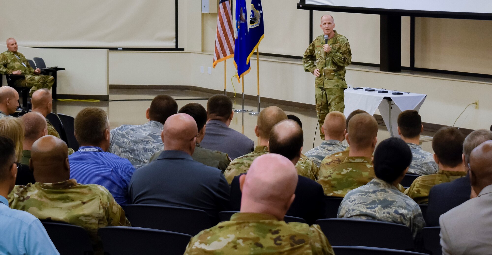 Air Force Vice Chief of Staff Gen. Steven W. Wilson provides closing remarks at the conclusion of the AFIMSC Installation and Mission Support Weapons and Tactics Conference April 10 at Joint Base San Antonio-Lackland. (U.S. Air Force photo by Armando Perez)