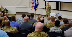 Air Force Vice Chief of Staff Gen. Steven W. Wilson provides closing remarks at the conclusion of the AFIMSC Installation and Mission Support Weapons and Tactics Conference April 10 at Joint Base San Antonio-Lackland. (U.S. Air Force photo by Armando Perez)