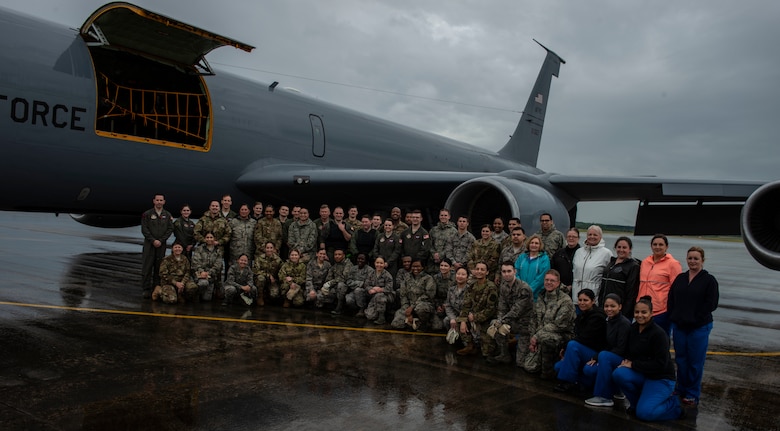 U.S. Airmen from the 20th Medical Group pose for a photo after training under the 914th Air Reserve Wing, Aeromedical Evacuation Squadron (AES), at Shaw Air Force Base, S.C., April 9, 2019.