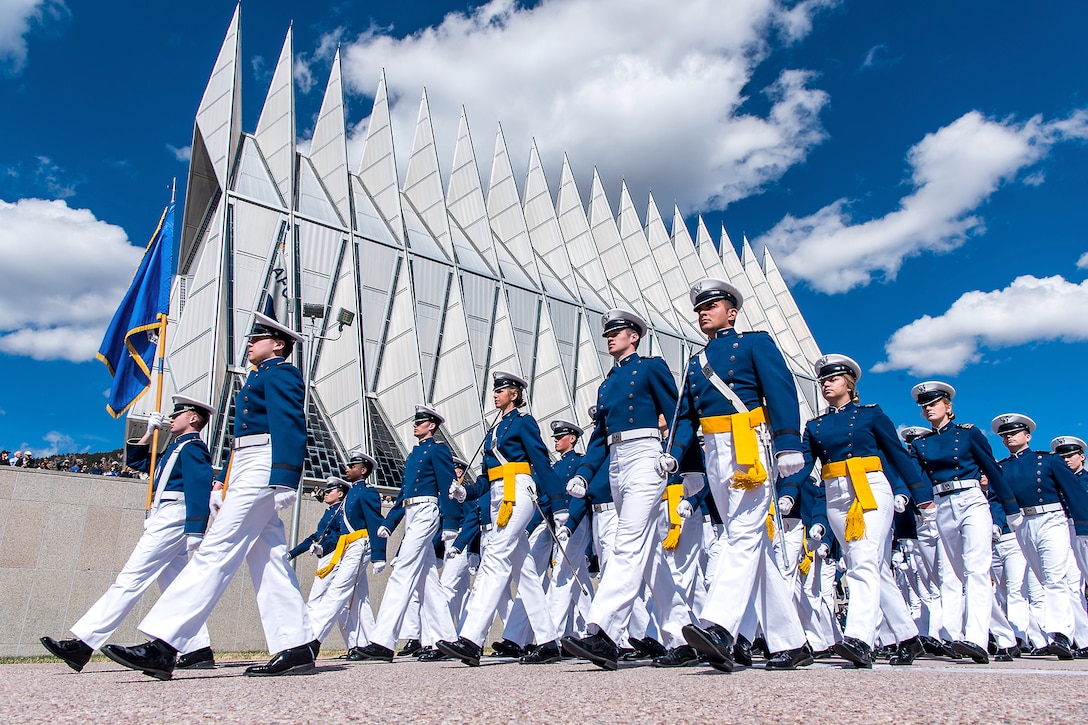 Air Force cadets march in formation.