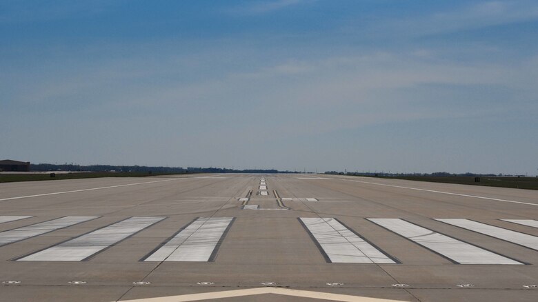 The flightline at McConnell Air Force Base, Kan., awaits for an aircraft to land April 9, 2019. The runway is 12,000 feet long allowing aircraft to land on McConnell. (U.S. Air Force photo by Airman 1st Class Alexi Myrick)