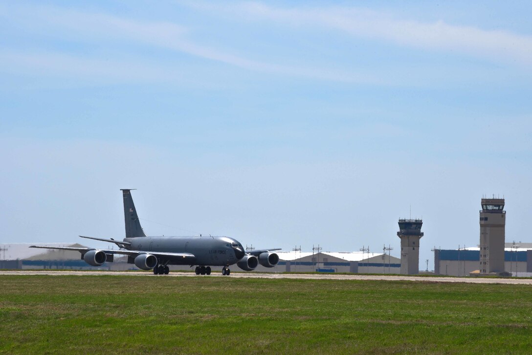 A KC-135 Stratotanker lands April 9, 2019, at McConnell Air Force Base, Kan. The KC-135 provides the core aerial refueling capability for the U.S. Air Force and has excelled in this role for more than 60 years. (U.S. Air Force photo by Airman 1st Class Alexi Myrick)