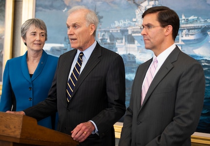 Secretary of the Navy Richard Spencer, flanked by Secretary of the Air Force Heather Wilson and Secretary of the Army Mark Esper, address members of the media to discuss prevention efforts against incidents of sexual assault and harassment in the Naval Academy's Alumni Hall, April 4.