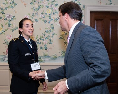 Secretary of the Army Mark Esper meets with Cadet Chamberlain and three other ROTC cadets to address their concerns on sexual harassment and violence, and also discuss possible solutions for prevention. Esper attended the National Discussion on Sexual Assault and Sexual Harassment at America's Colleges, Universities and Service Academies at the Naval Academy, April 4.