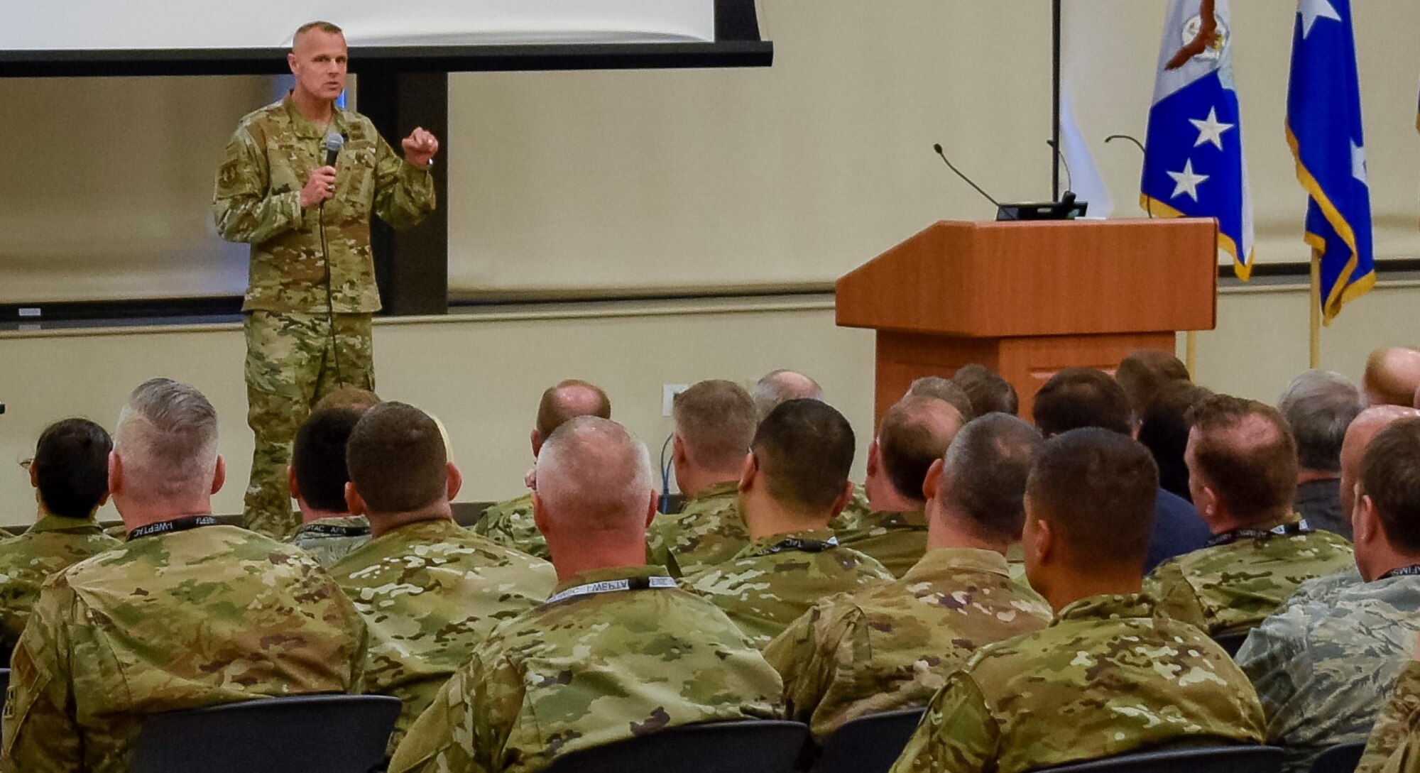 Air Force Installation and Mission Support Center Commander Maj. Gen. Brad Spacy addresses Air Force senior leaders, mission support group leaders, Mission Area Working Groups and members of the Joint Base San Antonio community at the conclusion of the AFIMSC-hosted Installation and Mission Support Weapons and Tactics Conference April 10 at JBSA-Lackland. (U.S. Air Force photo by Malcolm McClendon)