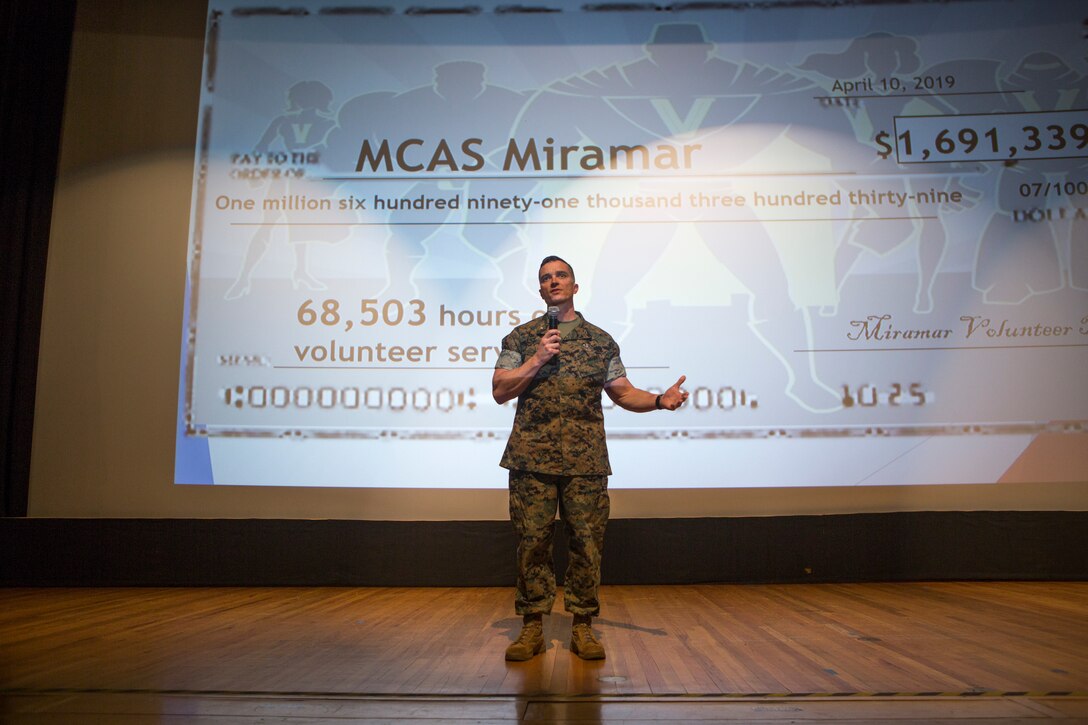 Col. Charles B. Dockery, commanding officer of Marine Corps Air Station Miramar, speaks to volunteers, family and friends during a volunteer award ceremony at MCAS Miramar, Calif., April 10. MCAS Miramar hosted this event to recognize and reward volunteers for their time and efforts. (U.S. Marine Corps photo by Sgt. Becky Cleveland)