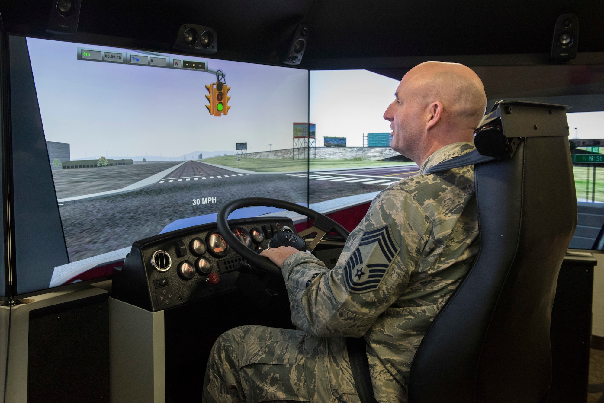 U.S. Air Force Chief Master Sgt. Jeffrey Ruckman, 673d Civil Engineer Squadron superintendent, tests the 773d Logistics Readiness Squadron ground transportation section’s new driving simulator at Joint Base Elmendorf-Richardson, Alaska, April 5, 2019. The interactive simulator allows drivers to interact with computer-generated vehicles in a realistic environment.