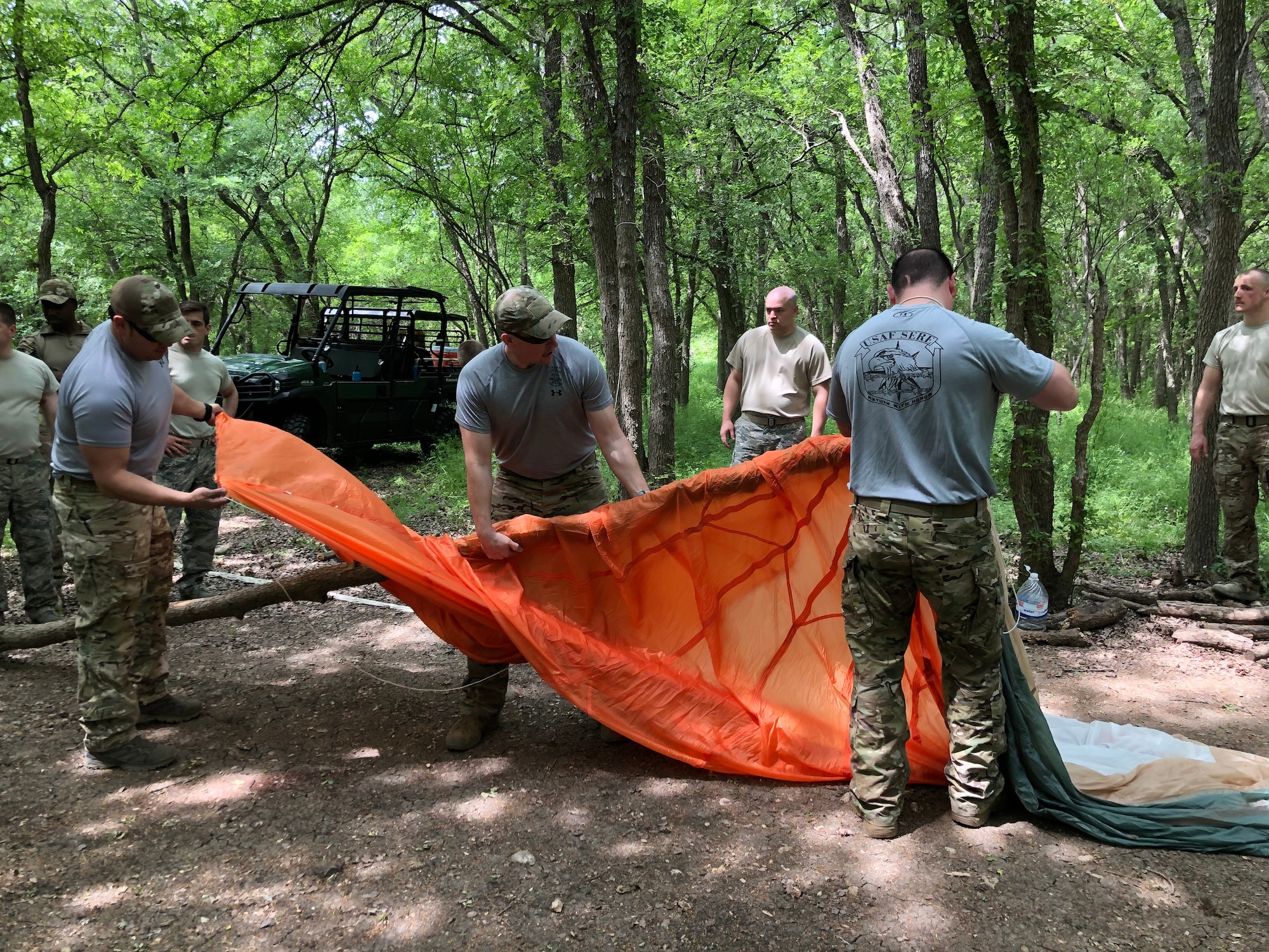 Instructors from the 66th Training Squadron’s Survival, Evasion, Resistance and Escape cadre at Joint Base San Antonio-Lackland showcase their knowledge to recruiters from the 330th Recruiting Squadron during an immersion tour March 28, 2019. The recruiters travelled from locations across the United States to get a better understanding of the career field and experience the training a candidate must complete to become a SERE specialist.