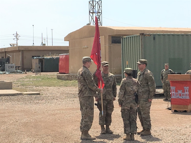 U.S. Army Corps of Engineers Task Force Essayons (TFE) 1st Sergeant Robert Polsunas prepares to pass the unit's flag to TFE Commander Col. Jim Riely, during a Change of Command ceremony at Camp Taji, Iraq, April 6, 2019. Capt. Andrea Taylor assumed command of the TFE Headquarters Detachment from Capt. Joe Marut during the ceremony.

TFE supports U.S. Army Central in the Middle East, as well as Combined Joint Task Force–Operation Inherent Resolve and U.S. Coalition Partner forces in order to enable the degradation and defeat of ISIS through provision of agile, responsive, forward-deployed project management, engineering, design, construction oversight, environmental, real estate, and base camp master planning capabilities.