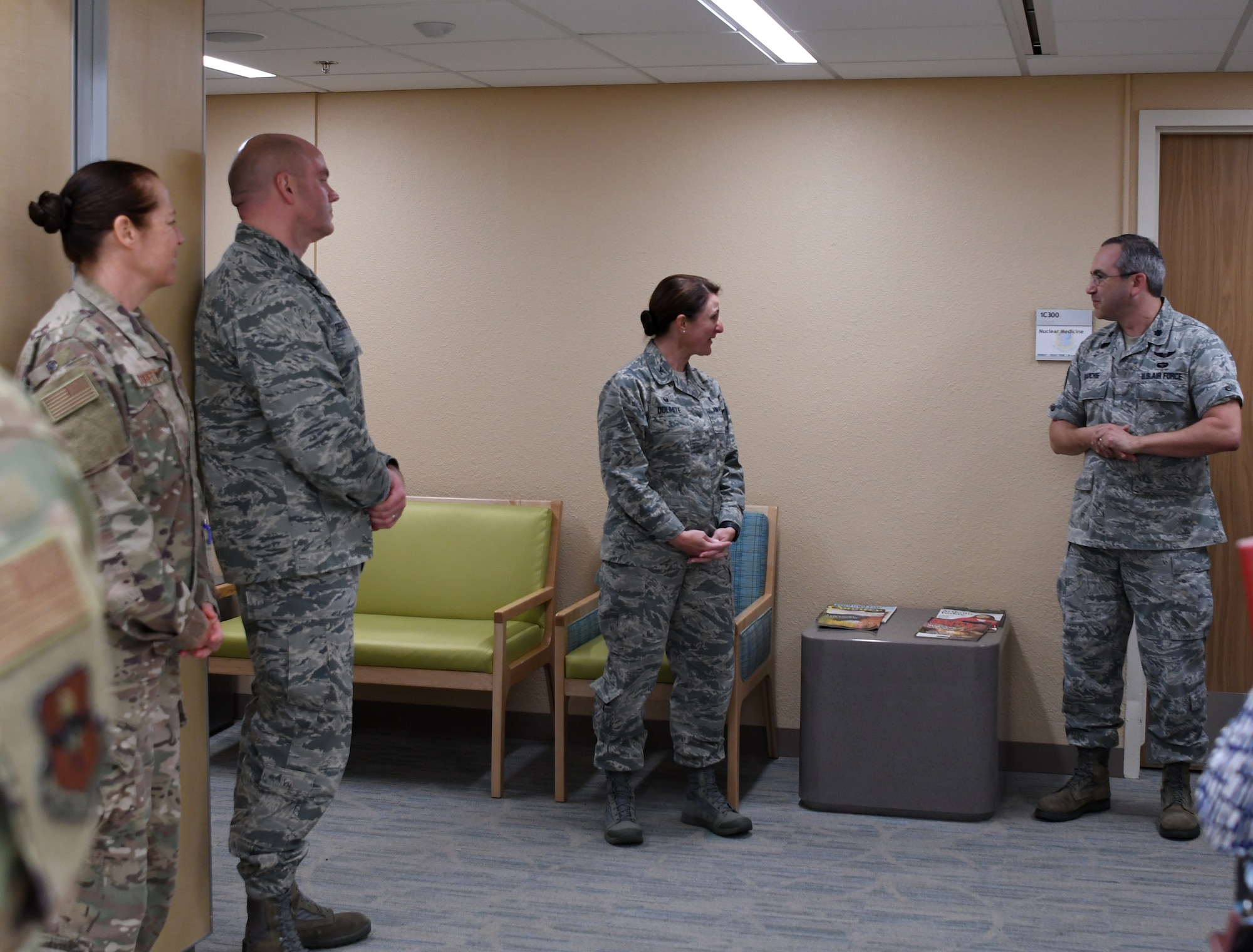 U.S. Air Force Lt. Col. Matthew Barchie, 81st Diagnostic and Therapeutics Squadron diagnostic imaging medical director, makes remarks before the ribbon cutting ceremony inside the Keesler Medical Center on Keesler Air Force Base, Mississippi, April 10, 2019. The Radiology Oncology Clinic received a Positron Emission Tomography and Computer Tomography scanner as well as an Interventional Radiology Program, which will improve patient care. (U.S. Air Force photo by Senior Airman Suzie Plotnikov)