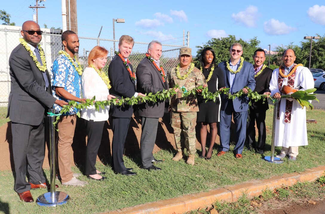 FORT SHAFTER, Hawaii (Dec. 6, 2018) -- Honolulu District's Chief, Construction Branch Jamie Hagio (second from right) particpated in today's U.S. Army Intelligence and Security Command (INSCOM) Enterprise Scalable Data Center groundbreaking ceremony at Fort Shafter Flats. Also participating in the ceremony was (center left) Senior Executive Michael A. Canna, ACoS, G6/Director, Ground Intelligence Support Activity, 	Intelligence Security Command (INSCOM) and (center right) Col. Arnold K. IAEA, GISA-Pacific.  Honolulu District will be providing Quality Assurance management during construction on behalf of USACE's Baltimore District. Leading the  Hawaiian blessing and groundbreaking ceremony was Kahu Kordell Kekoa.