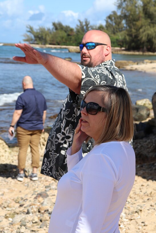 HALEIWA, Hawaii (March 22, 2019) -- Civil Works Project Manager Jason Norris explains the proposed beach sand replenishment placement plan at Haleiwa Beach Park for Mary Frances Repko (center left), staff director, Senate Committee on Environment and Public Works during an overview of two proposed beach sand replenishment projects adjacent to Haleiwa Small Boat Harbor.