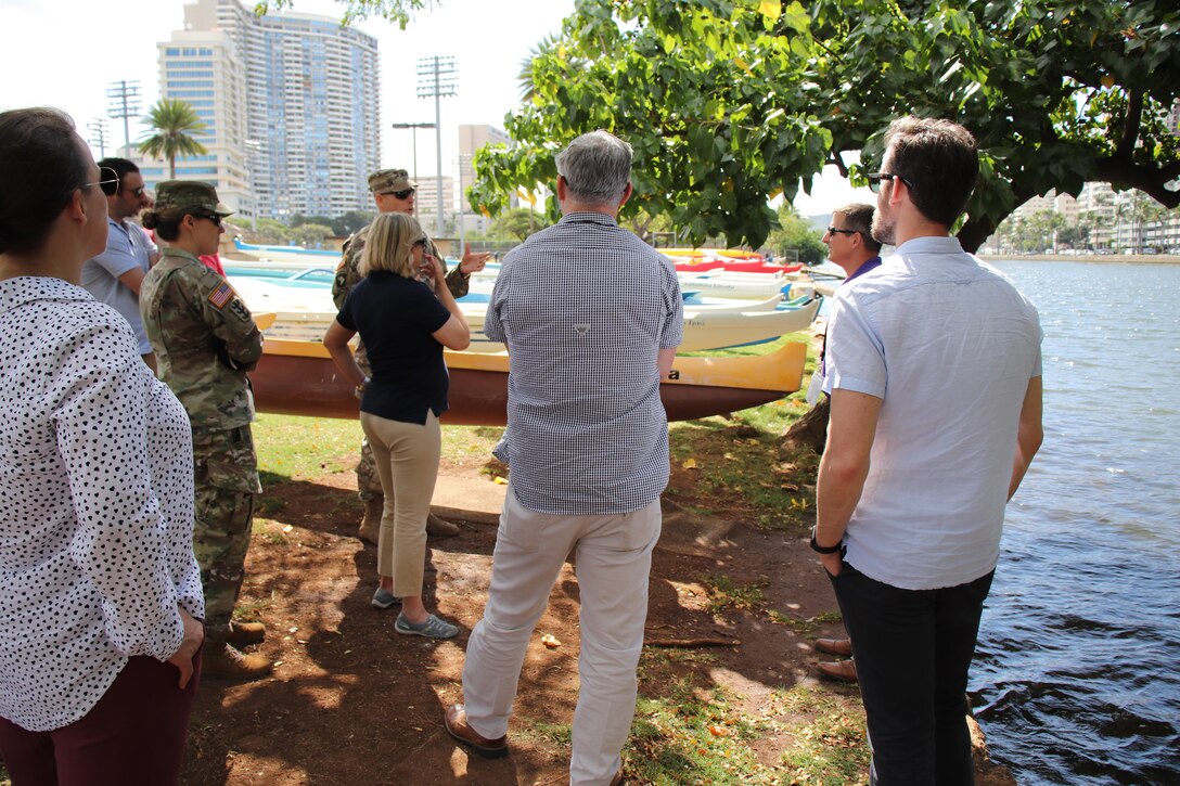 HONOLULU, Hawaii (March 19, 2019) -- Honolulu District's Ala Wai Flood Risk Management project manager Jeff Herzog (second from right) listens to a question about the project from Pacific Ocean Division Commander Brig. Gen. Thomas Tickner (center) during a project area overview at the Ala Wai Canal for staff delegates from the Senate Committee on Environment and Public Works and the House Transportation and Infrastructure Committee.