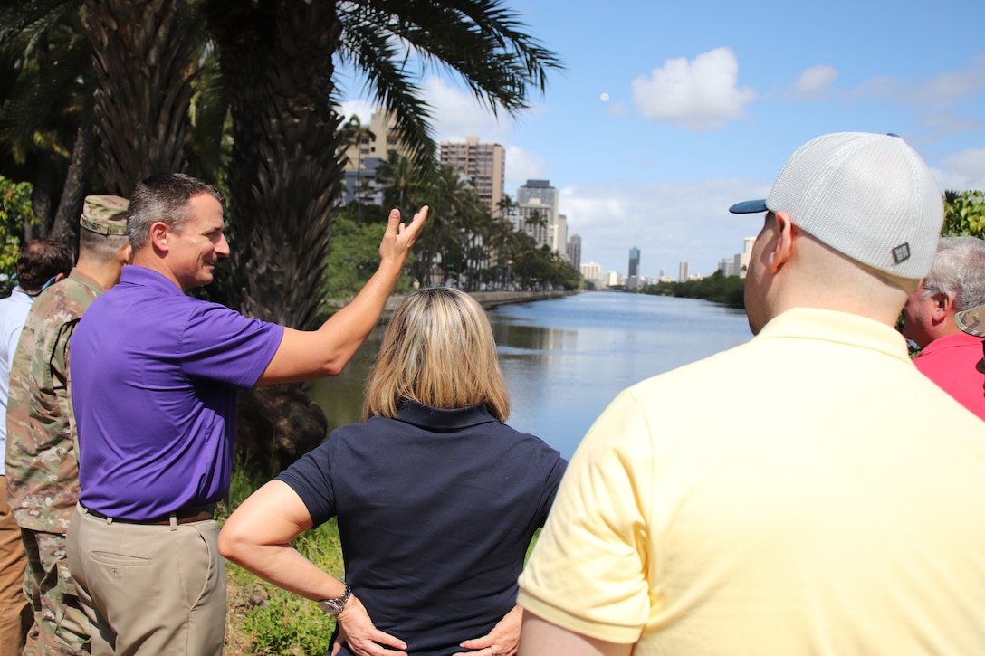 HONOLULU, Hawaii (March 19, 2019) -- Honolulu District's Ala Wai Flood Risk Management project manager Jeff Herzog explains the Ala Wai watershed drainage complexities to Mary Frances Repko (center left), Staff Director, Senate Committee on Environment and Public Works and other Congressional Staff Delegates at the east end of the Ala Wai Canal.