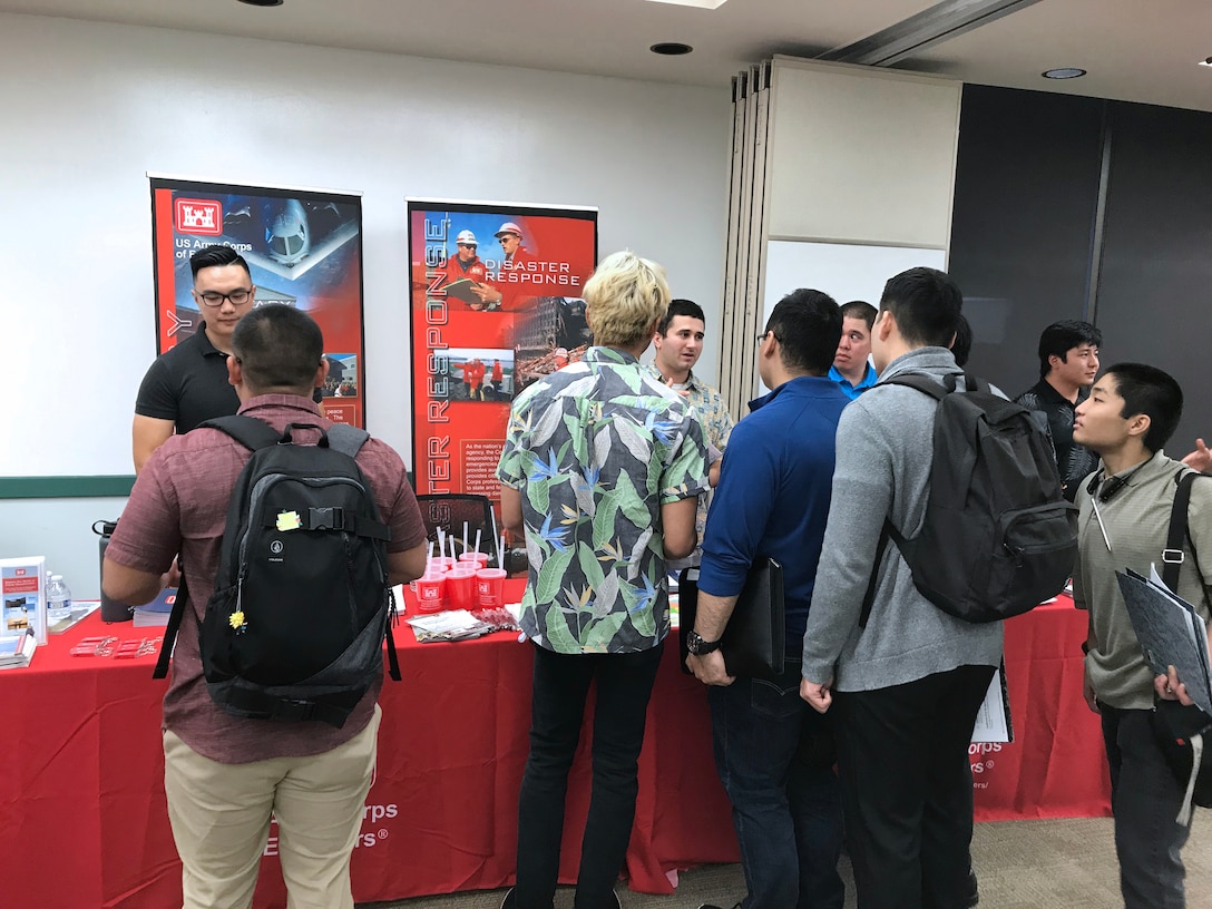 HONOLULU, Hawaii (March 6, 2019) -- Honolulu District PATHWAYS and Department of the Army interns Avery Chan, Jordan Kilbey, Bryce Montalbo and Travis Shimizu, provided future engineers with career guidance, information on potential job opportunities with the Corps, and potential science, technology, engineering, and math (STEM) field career paths at the University of Hawaii at Manoa College of Engineering Spring Career Fair.  Honolulu District participates at the event each year as part of USACE's ongoing commitment to support STEM while building relationships with future engineers.