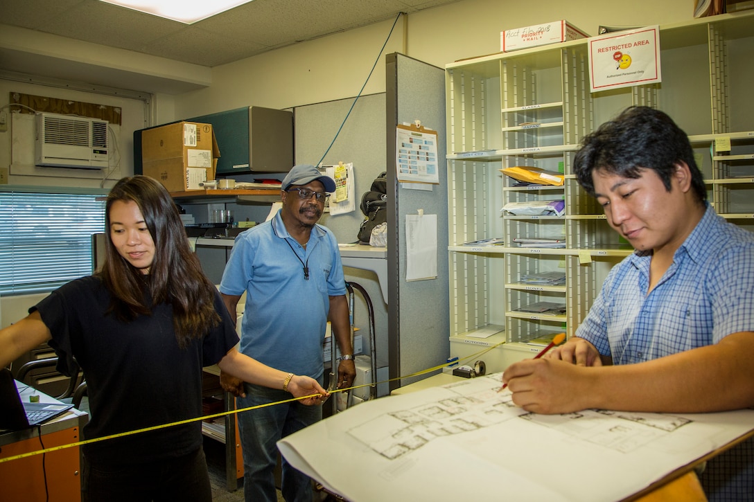 FORT SHAFTER, Hawaii (Jan. 28, 2019) -- Regional Engineering Center DA Interns Michelle Kusaka and Travis Shimizu (right) verify the size measurements of the District's mailroom. The interns verifications helps the REC's designers and engineers plan for future space utilization. Watching is ACE-IT mail clerk Wayne Freeman. Photo by Duy Ta, ACE-IT Visual Information Specialist