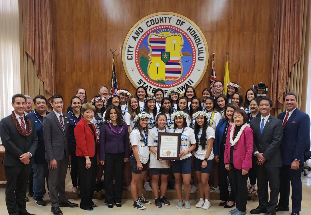 HONOLULU (February 17, 2019) -- Jennifer Eugenio (third from right), a Honolulu District civil engineer volunteers her personal time as an assistant coach for the Kamehameha Schools - Kapalama girls soccer team.  Eugenio and the 2019 team were presented a Certificate of Achievement by the Honolulu City Council Feb. 17, after Kamehameha won the Hawai‘i High School Athletic Association Division I state championship title earlier this month. Eugenio played soccer collegiiately at the University of Idaho and is a former graduate assistant coach for Hawaii Pacific University's women's soccer team.
