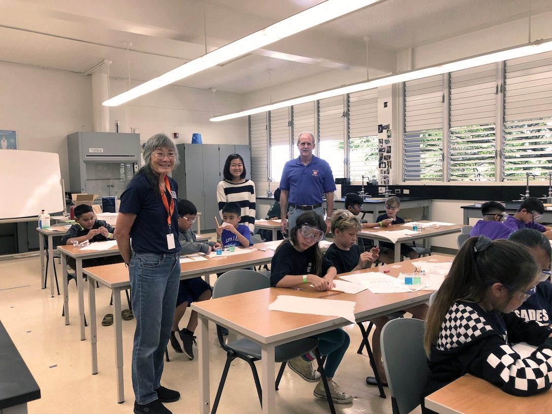 PEARL CITY, Hawaii (March 2, 2019) -- Honolulu District's Chief, Engineering & Construction branch Todd Barnes joined forces with his wife Andrea Barnes as judges and event supervisors for the Plastics Detective event at the 2019 Oahu Elementary State Science Olympiad Tournament held at Pearl City High School.  Andrea Barnes is a science teacher at Iolani School in Honolulu and was assisted by Iolanii 8th grade student Myami (last name unknown) for this event.  The Hawaii Elementary Science Olympiad (ESO) is open to all public, private, charter, and home schools in Hawaii as well as groups that involve students in grades 3 to 6. The Hawaii State Science Olympiad was established in order to provide Hawaii's students with an environment in which they can reach their fullest potential in STEM. Started by a single school in 2004, the Hawaii Science Olympiad program has grown into a competition featuring nearly 100 schools and opening doors for more than 1,000 of Hawaii's students each year to strengthen and showcase their STEM skills.