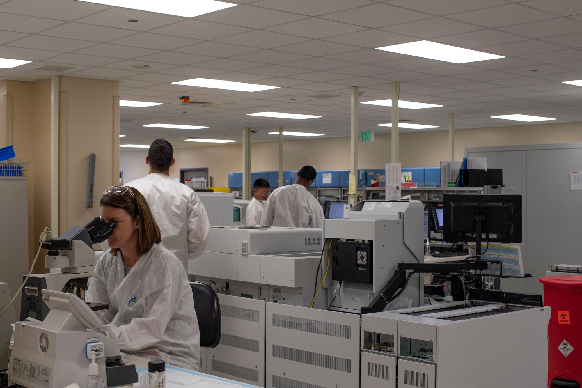 Airmen assigned to the 60th Medical and Diagnostics Therapeutic Squadron Laboratory, work routine operations April 4, 2019, at Travis Air Force Base, California. David Grant USAF Medical Center operates the Air Force’s largest clinical laboratory, supporting 465 health care providers and 325,000 patients per year. Technicians perform 1.2 million tests annually in chemistry, special chemistry, hematology, coagulation, immunology, microbiology, point-of-care testing, histology, cytology and transfusion services. (U.S. Air Force photo by Airman 1st Class Jonathon Carnell)