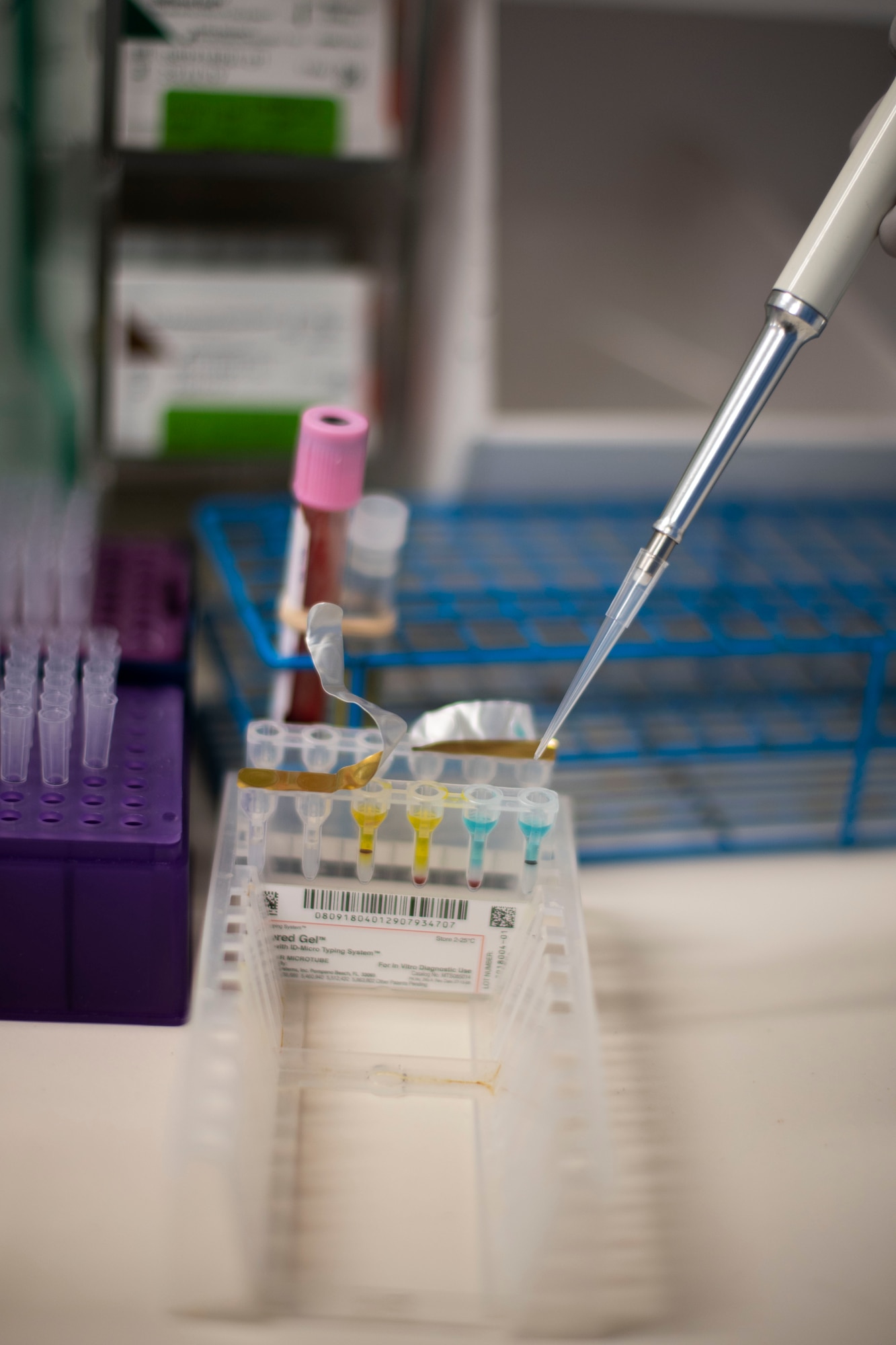 U.S. Air Force Senior Airman Jade Cairns, 60th Medical and Diagnostics Therapeutic Squadron Transfusion Services technician, checks blood samples April 4, 2019, at Travis Air Force Base, California. David Grant USAF Medical Center operates the Air Force’s larges clinical laboratory, supporting 465 health care providers and 325,000 patients per year. Technicians perform 1.2 million tests annually in chemistry, special chemistry, hematology, coagulation, immunology, microbiology, point-of-care testing, histology, cytology and transfusion services. (U.S. Air Force photo by Airman 1st Class Jonathon Carnell)