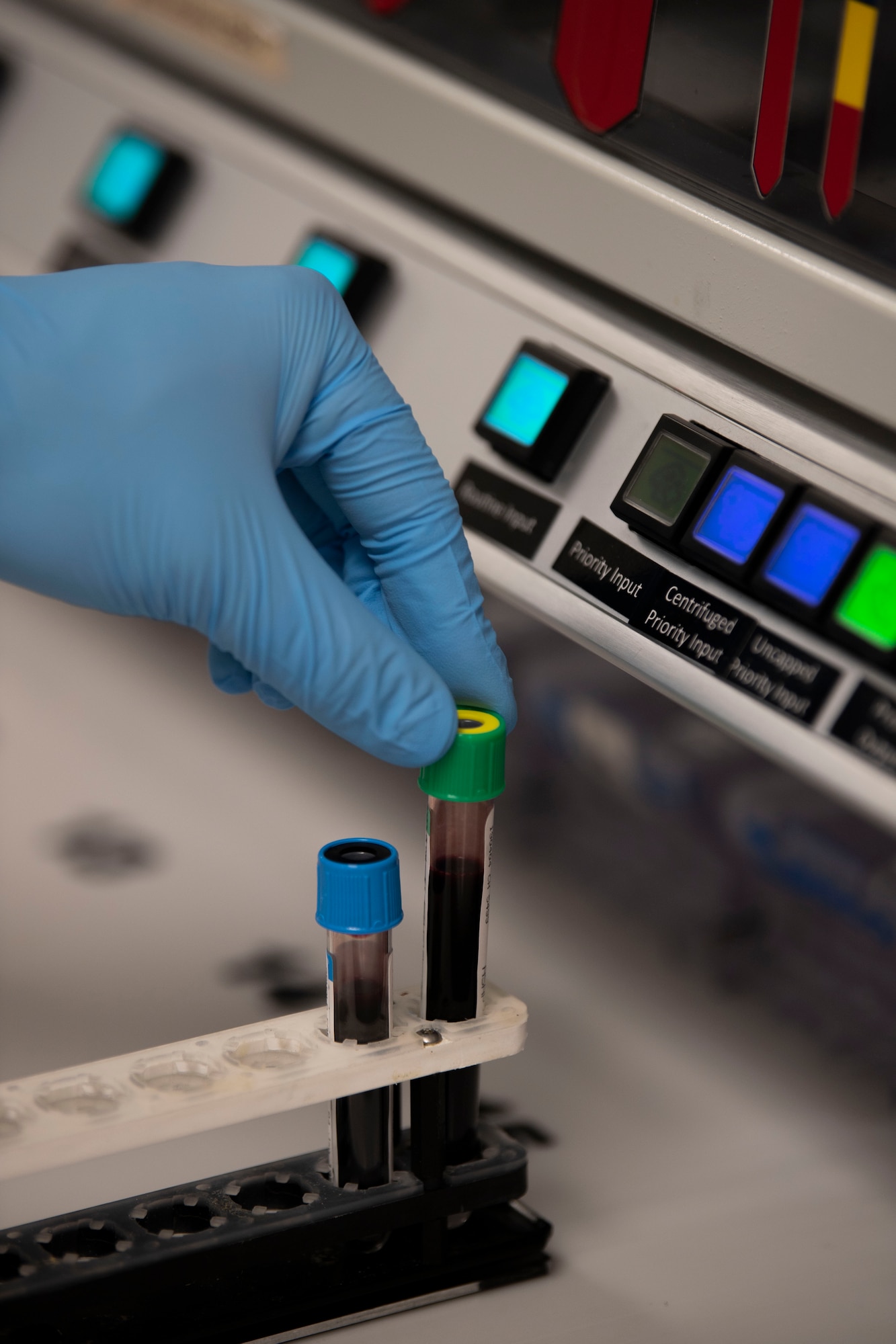 U.S. Air Force Staff Sgt. Eric Crandell, 60th Medical and Diagnostics Therapeutic Squadron Laboratory technician, processes a blood sample April 4, 2019, at Travis Air Force Base, California. David Grant USAF Medical Center operates the Air Force’s larges clinical laboratory, supporting 465 health care providers and 325,000 patients per year. Technicians perform 1.2 million tests annually in chemistry, special chemistry, hematology, coagulation, immunology, microbiology, point-of-care testing, histology, cytology and transfusion services. (U.S. Air Force photo by Airman 1st Class Jonathon Carnell)
